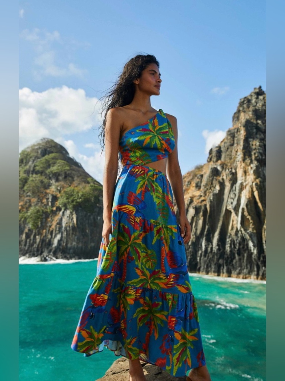 FARM Rio One-Shoulder Tropical Blue Dress